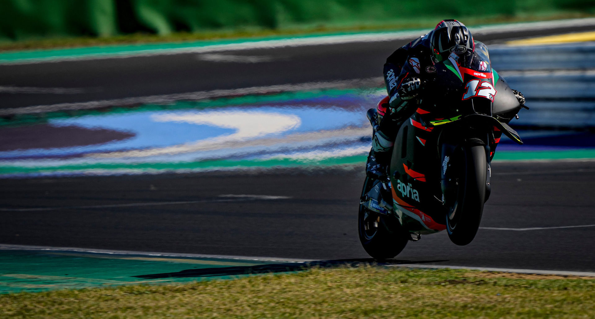 Maverick Vinales (12) at speed on an Aprilia RS-GP. Photo courtesy Aprilia.