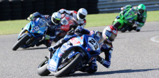 Alex Dumas (23) leading Trevor Daley (9), Ben Young (86), and Jordan Szoke (1) at Calabogie Motorsports Park. Photo by Rob O'Brien, courtesy CSBK.