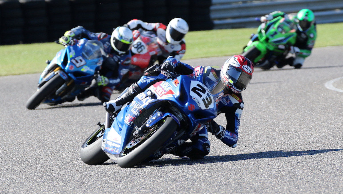 Alex Dumas (23) leading Trevor Daley (9), Ben Young (86), and Jordan Szoke (1) at Calabogie Motorsports Park. Photo by Rob O'Brien, courtesy CSBK.