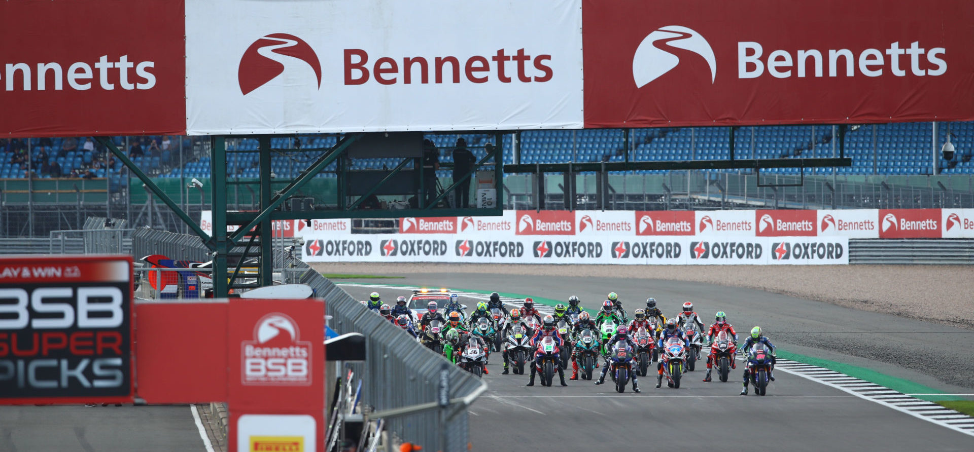 The British Superbike grid before the start of Race One at Silverstone. Photo courtesy MotorSport Vision Racing.