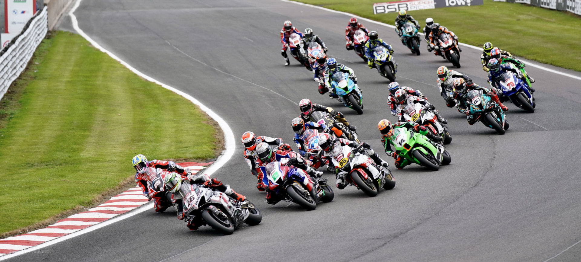 Tommy Bridewell (46) leads the start of a British Superbike race Sunday at Oulton Park. Photo courtesy MSVR.