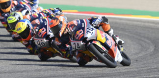 Ivan Ortola (24) leads Red Bull MotoGP Rookies Cup Race Two at Motorland Aragon. Photo courtesy Red Bull.