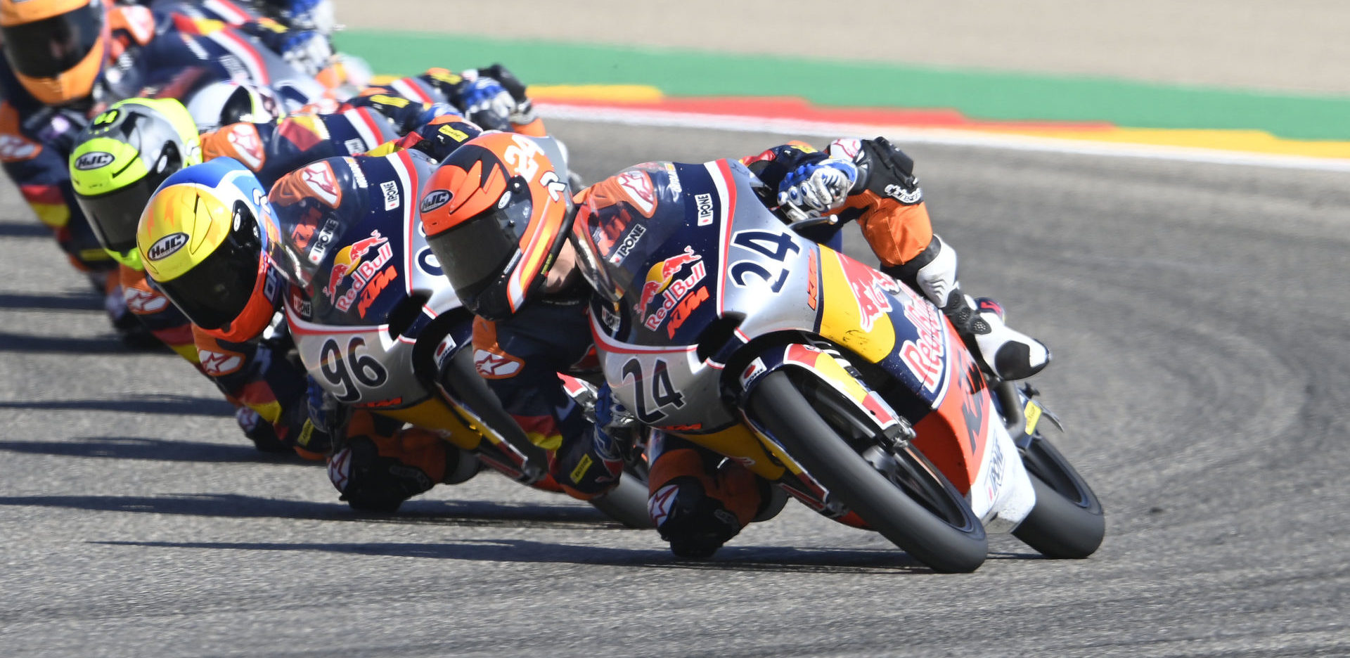 Ivan Ortola (24) leads Red Bull MotoGP Rookies Cup Race Two at Motorland Aragon. Photo courtesy Red Bull.