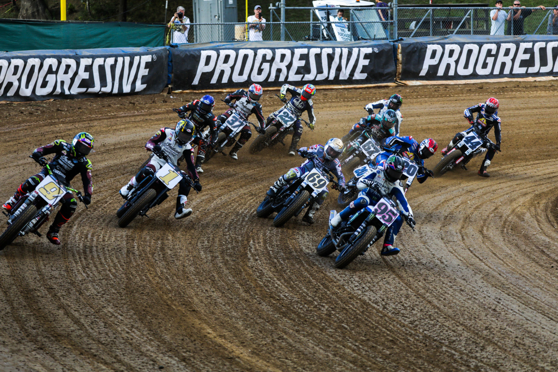 Jared Mees (9), Briar Bauman (1), Sammy Halbert (69), JD Beach (95) and the rest of the AFT SuperTwins field at the start of the main event at the Peoria TT. Photo by Scott Hunter, courtesy AFT.