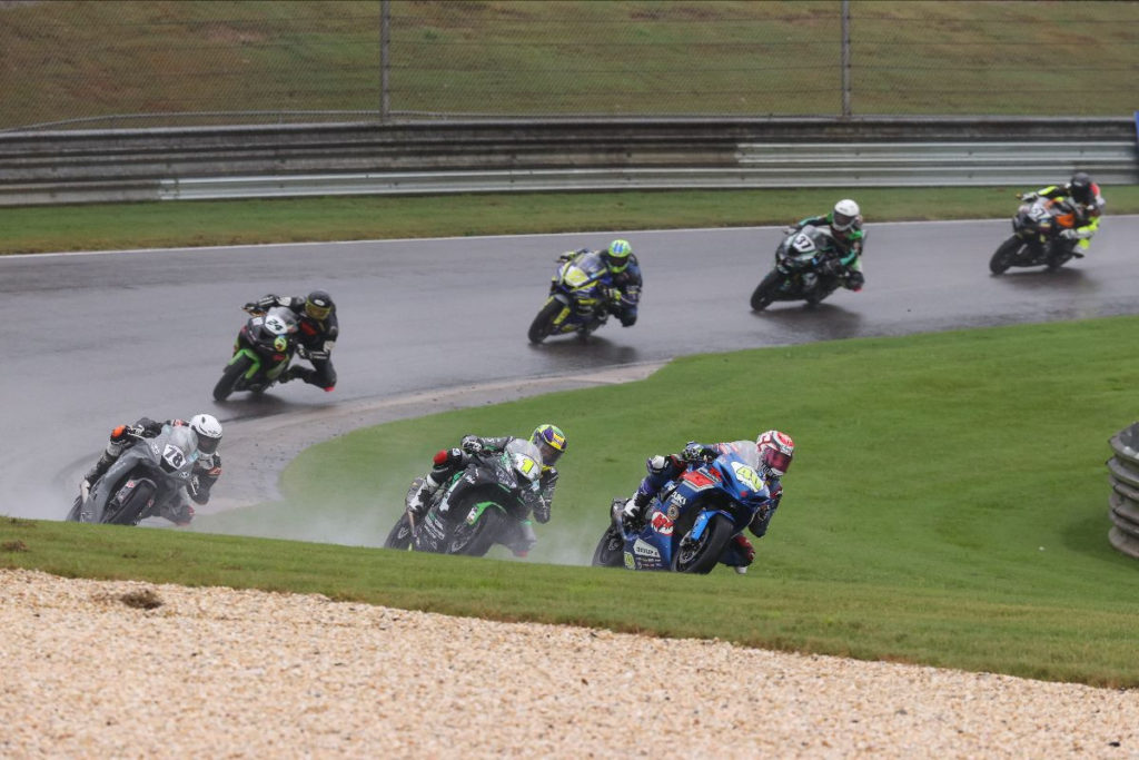 Sean Dylan Kelly (40) leads Richie Escalante (1) and Alejandro Thermiotis (78) in the Supersport race prior to the red flag stoppage of the race. Kelly went on to win the restarted race. Photo by Brian J. Nelson, courtesy MotoAmerica.