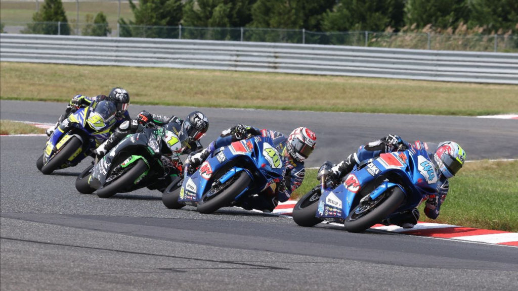 Sam Lochoff (44) leads Sean Dylan Kelly (40), Richie Escalante (1), and Rocco Landers (97) during Supersport Race Two at NJMP. Photo by Brian J. Nelson, courtesy MotoAmerica.