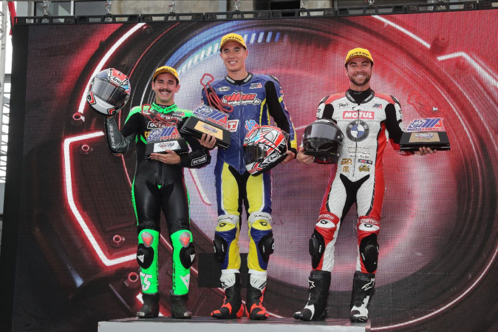 (From left) MIchael Gilbert, Jake Lewis, and Travis Wyman finished third, first and second, respectively, in the Stock 1000 race. Photo by Brian J. Nelson, courtesy MotoAmerica.