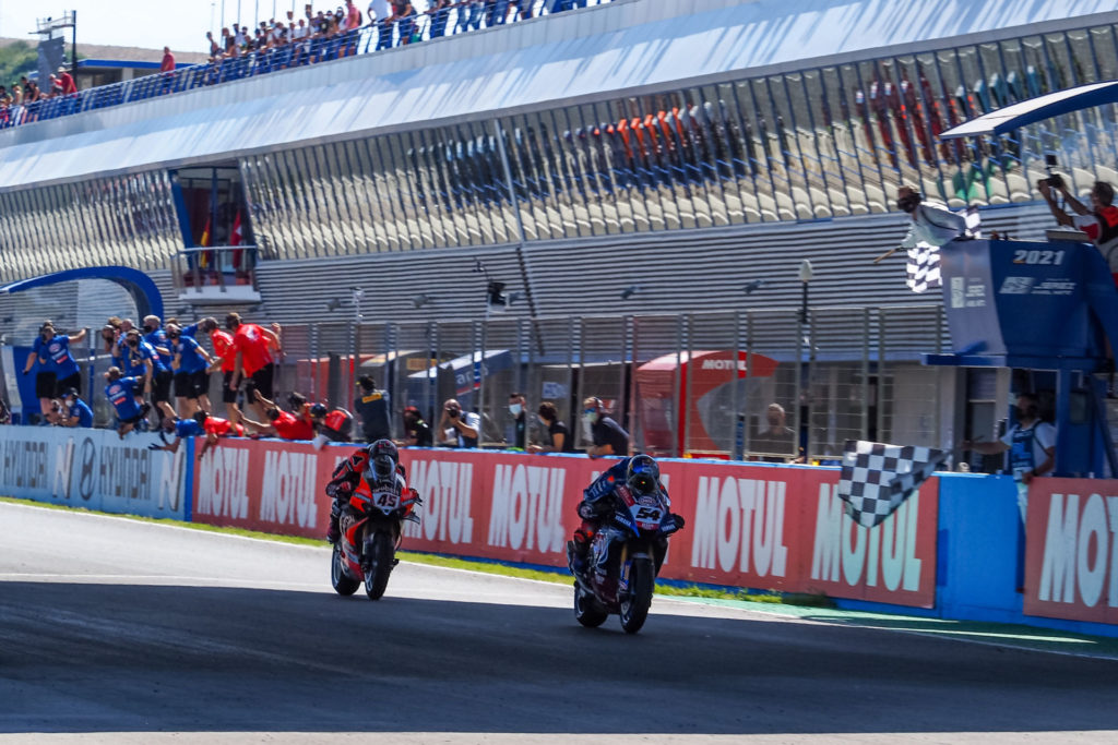 Toprak Razgatlioglu (54) held off Scott Redding (45) to win Race Two at Jerez. Photo courtesy Dorna.