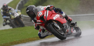 Travis Wyman (10) during one of the wet MotoAmerica Superbike races at Barber Motorsports Park. Photo by Brian J Nelson, courtesy Travis Wyman Racing.