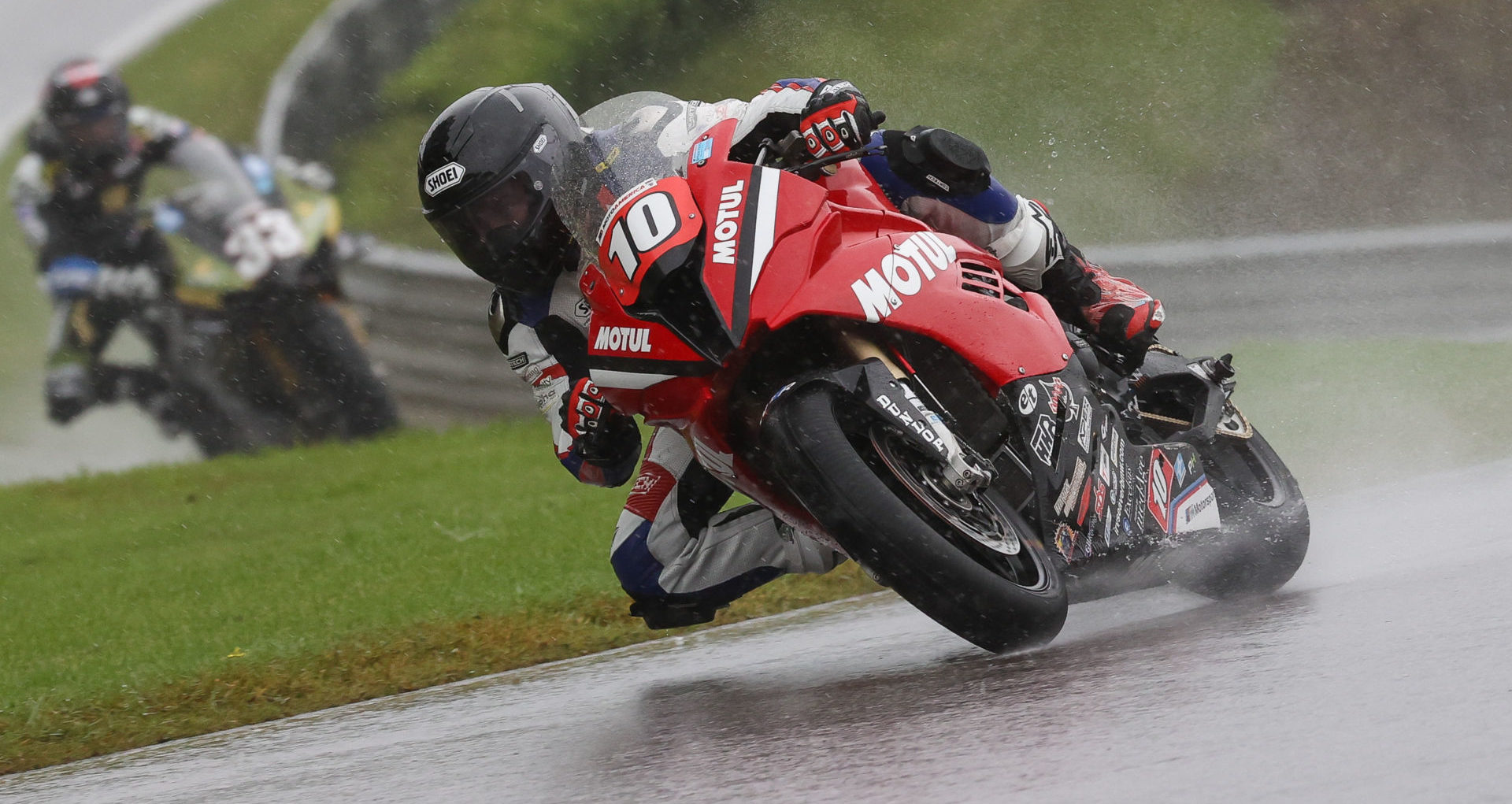 Travis Wyman (10) during one of the wet MotoAmerica Superbike races at Barber Motorsports Park. Photo by Brian J Nelson, courtesy Travis Wyman Racing.