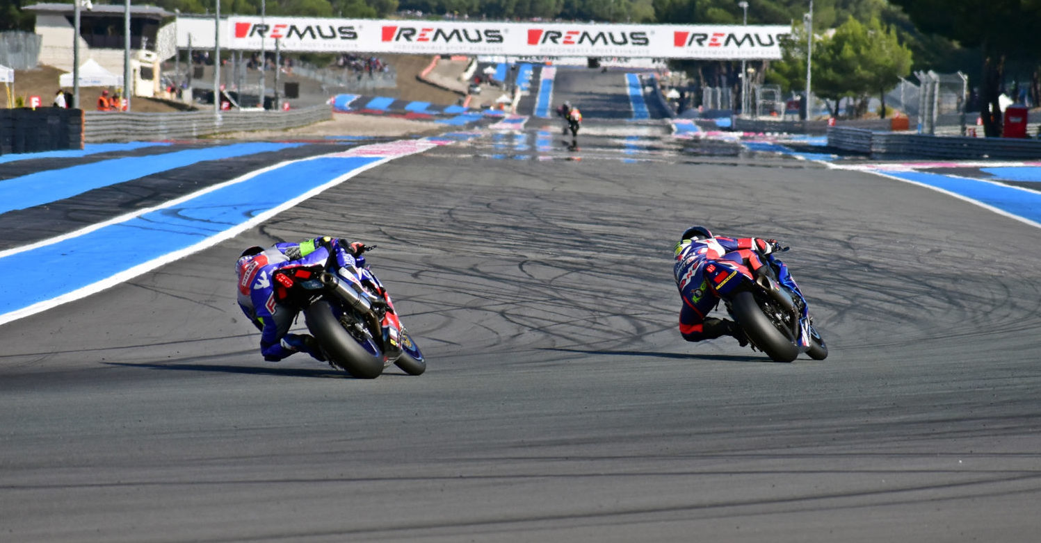 Two bikes launching onto the 1.8-kilometer (1.1-mile) Mistral straight on the back of the Paul Ricard circuit. To put this into perspective, the Mistral is more than twice as long as the front straight at Willow Springs, and the fastest EWC motorcycles exceeded 215 mph there in qualifying. Photo by Michael Gougis.