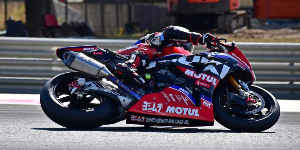 Aided by a Bridgestone qualifying tire to help fire onto the back straight, Suzuki Endurance Racing Team's GSX-R1000R touched 355 kph (220.587 mph) on the Mistral straight in qualifying, took pole and led early. Photo by Michael Gougis.