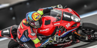 Xavier Simeon (1) on the Yoshimura SERT Motul Suzuki at the Bol d'Or 24-Hour race. Photo courtesy Team Suzuki Press Office.