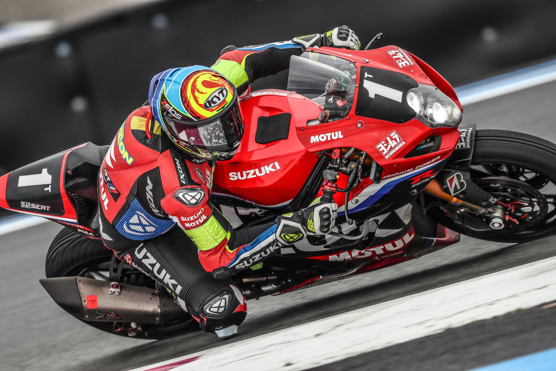 Xavier Simeon (1) on the Yoshimura SERT Motul Suzuki at the Bol d'Or 24-Hour race. Photo courtesy Team Suzuki Press Office.