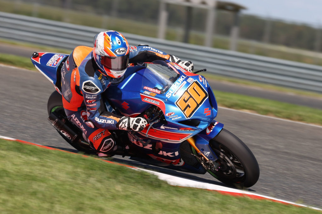 Bobby Fong (50) raced hard and claimed fourth place on his Suzuki GSX-R1000R on Saturday. Photo by Brian J. Nelson, courtesy Suzuki Motor USA, LLC.