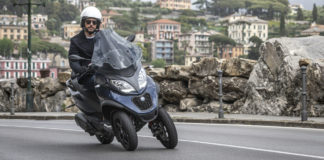 A Piaggio MP3 three-wheel scooter, which has a patented front wheel tilting system. Photo courtesy Piaggio Group.