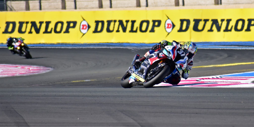 BMW's EWC machine, based on its M1000RR, was quick but struggled early, dropping to eighth shortly after the start. Photo by Michael Gougis.