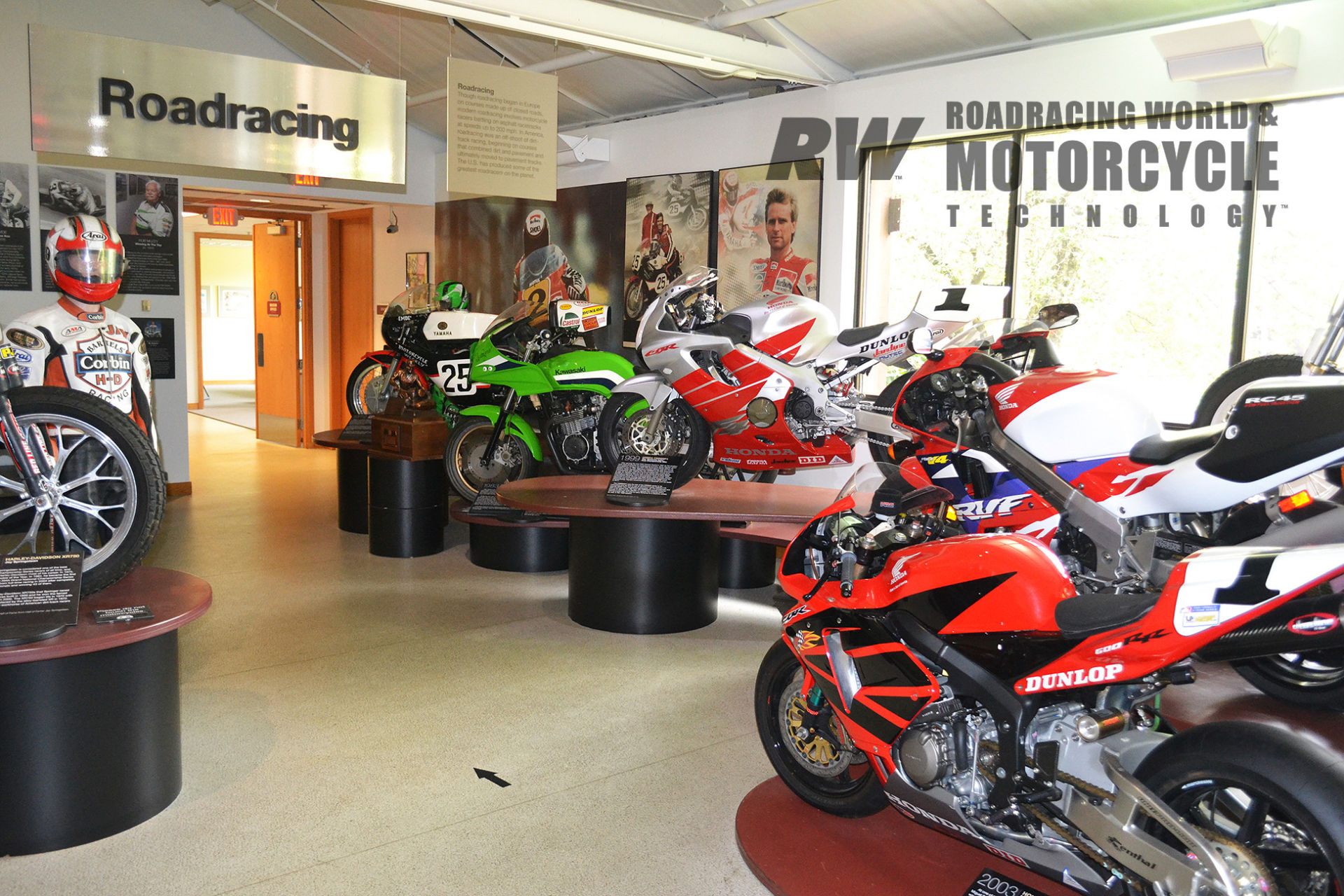 The road racing section of the AMA Motorcycle Hall of Fame Museum features winning machines including Miguel Duhamel’s #1 2004-2005 AMA Pro Formula Xtreme Championship-winning Honda CBR600R; Nicky Hayden’s #1 1999 AMA Supersport Championship-winning Honda CBR600F4; Wayne Rainey’s 1983 AMA Superbike Championship-winning Kawasaki GPz750; and Don Emde’s #25 1972 Daytona 200-winning Yamaha TR3 350cc air-cooled twin-cylinder two-stroke. Photo by David Swarts.