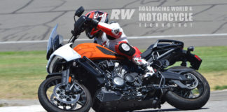 Jeremy Toye aboard a stock Harley-Davidson Pan America 1250 Special on stock tires during a Fastrack Riders day at Auto Club Speedway in Fontana, California. Toye called it “easy to ride, very consistent, and very capable.” Photo by David Swarts.