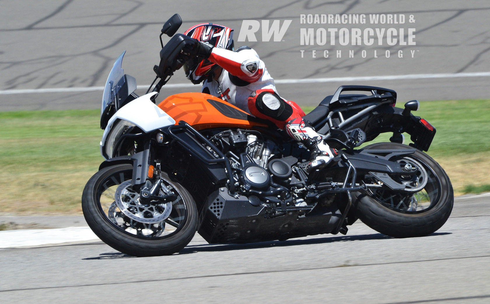 Jeremy Toye aboard a stock Harley-Davidson Pan America 1250 Special on stock tires during a Fastrack Riders day at Auto Club Speedway in Fontana, California. Toye called it “easy to ride, very consistent, and very capable.” Photo by David Swarts.