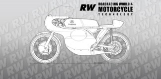 The 1964 Yamaha RD56, seen above, as illustrated by Mick Ofield.
