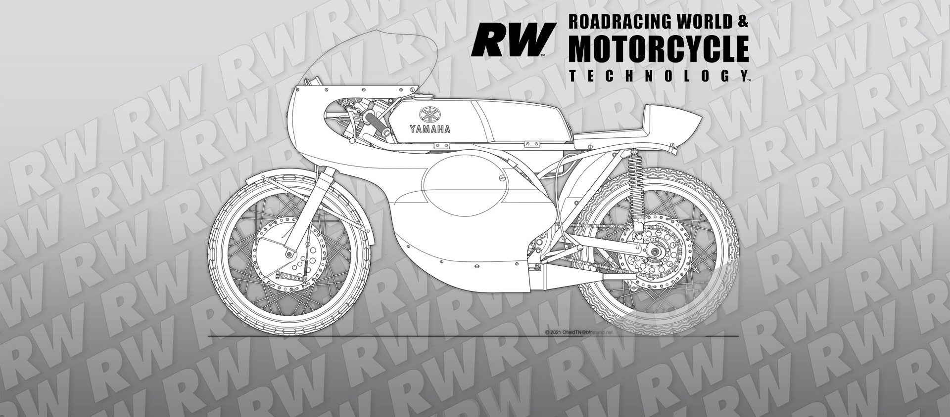 The 1964 Yamaha RD56, seen above, as illustrated by Mick Ofield.