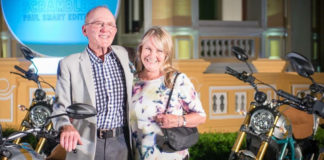 Paul Smart and his wife Maggie at an event for the Ducati Scrambler Paul Smart Edition in 2015 in Bangkok, Thailand. Photo courtesy Scott Smart.