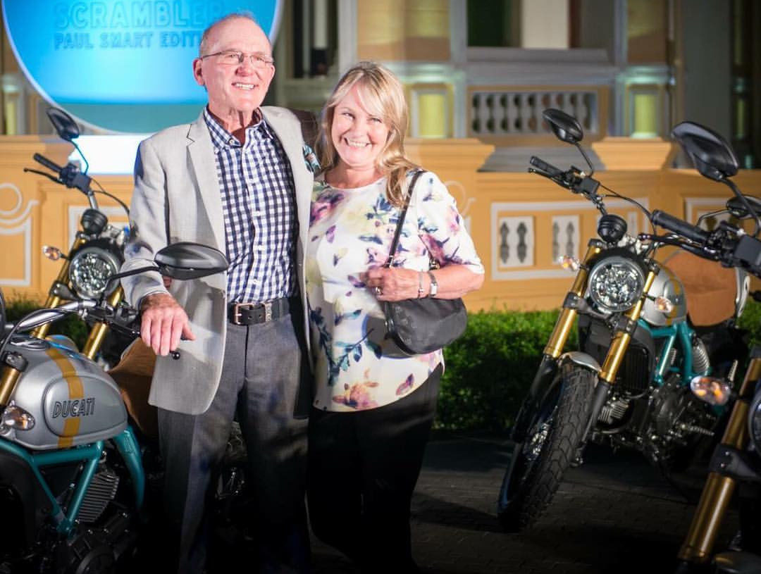 Paul Smart and his wife Maggie at an event for the Ducati Scrambler Paul Smart Edition in 2015 in Bangkok, Thailand. Photo courtesy Scott Smart.