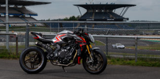 A 2022 MV Agusta Brutale 1000 Nürburgring with an Arrow titanium exhaust from the Racing Kit installed at Nürburgring, in Germany. Photo courtesy MV Agusta.