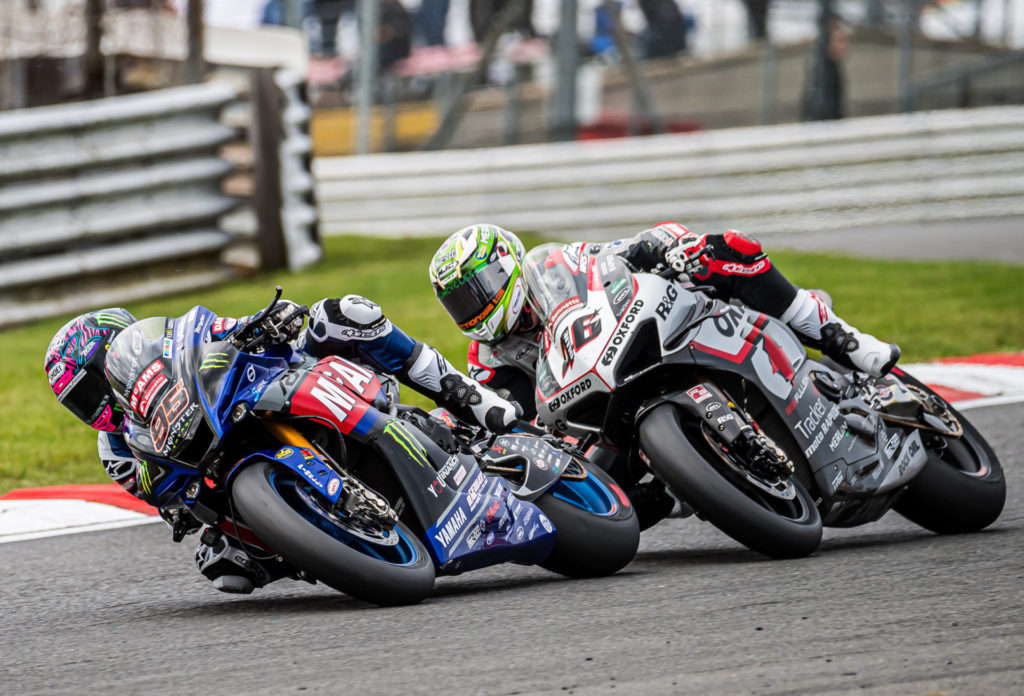 Tarran Mackenzie (95) and Tommy Bridewell (46) battled throughout the season finale at Brands Hatch. Photo by Barry Clay.
