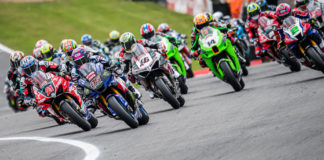 Tarran Mackenzie (95) leads the charge into Turn One during Superbike Race Two at Brands Hatch. Photo by Barry Clay.