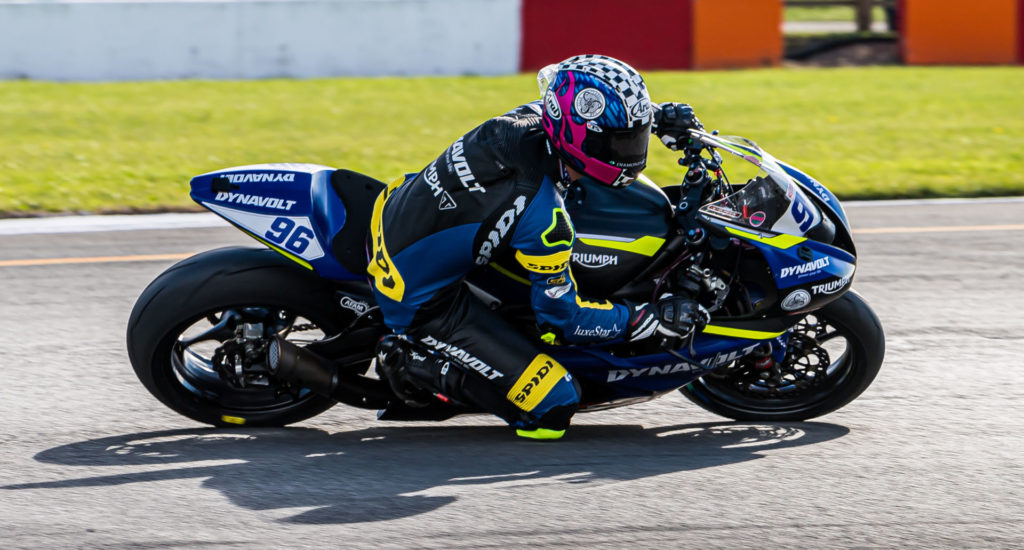 American Brandon Paasch (96) on his Triumph Street Triple RS 765cc machine during a British Supersport race at Donington Park. Photo by Barry Clay.