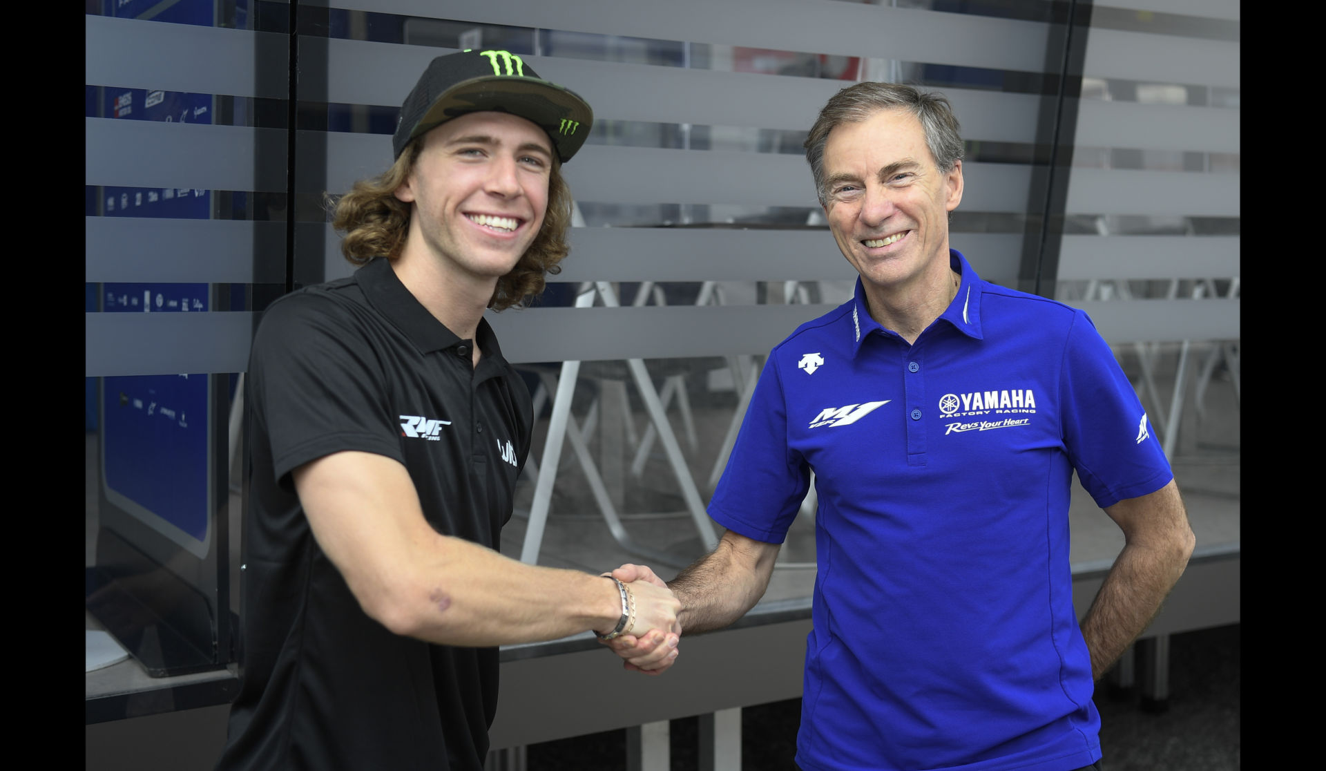 Darryn Binder (left) and Lin Jarvis, Managing Director, Yamaha Motor Racing (right). Photo courtesy Yamaha.
