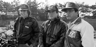Etsuo Yokouchi (right) with racer Graeme Crosby (center) and John Ulrich (left) at the introduction of the 1985 GSX-R750 at the Ryuyo test track in Japan. Photo by Masao Suzuki.