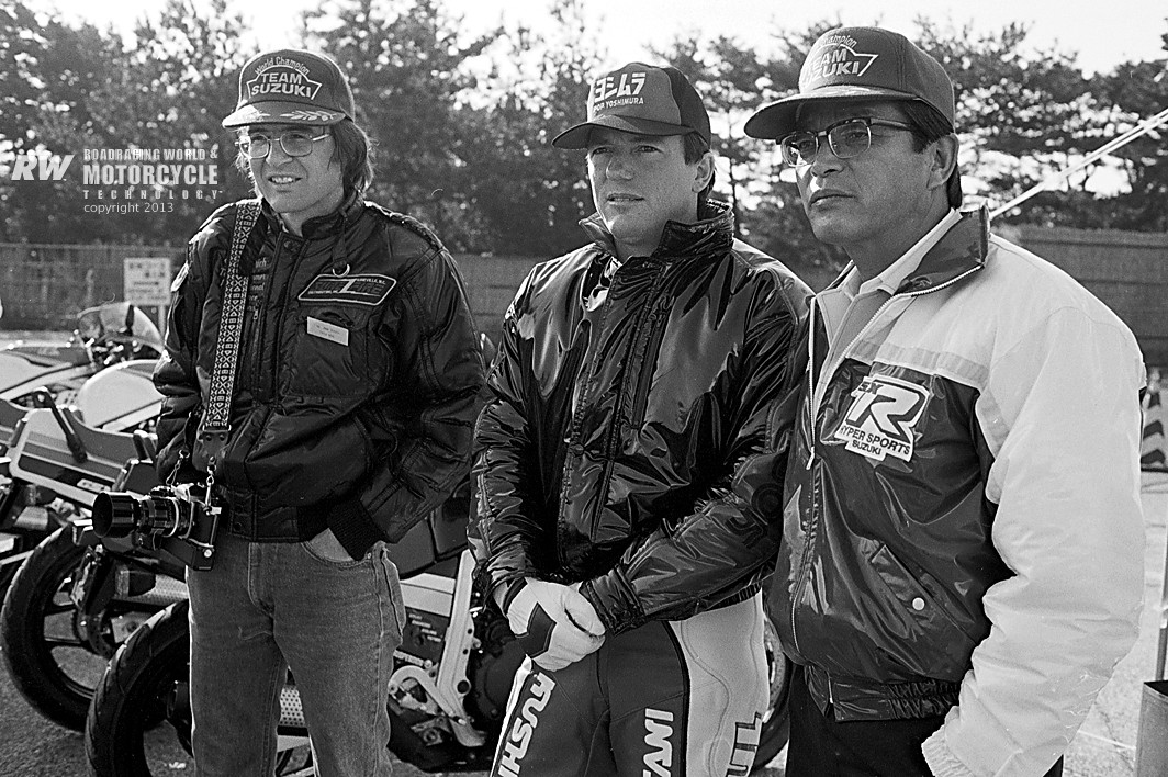 Etsuo Yokouchi (right) with racer Graeme Crosby (center) and John Ulrich (left) at the introduction of the 1985 GSX-R750 at the Ryuyo test track in Japan. Photo by Masao Suzuki.