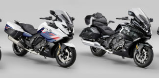 (From left) A BMW K 1600 B, a K 1600 GT, a K 1600 Grand America, and a K 1600 GTL. Photo courtesy BMW Motorrad USA.