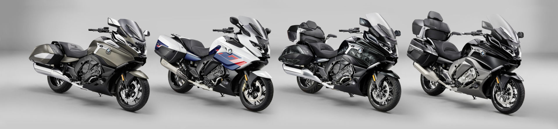 (From left) A BMW K 1600 B, a K 1600 GT, a K 1600 Grand America, and a K 1600 GTL. Photo courtesy BMW Motorrad USA.