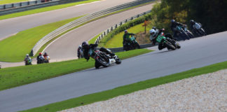 Action from the AHRMA Vintage Superbike Heavyweight race on October 9 with Dale Quarterley (32Q) leading David Crussell (117), Dennis Parrish (1R), Kenny Cummings (17), Martin Jarusek (31), and Curtis Adams (045) into Turn Two at Barber Motorsports Park. Photo by etechphoto.com, courtesy AHRMA.