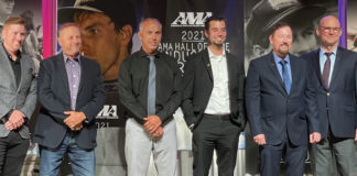 Part of the AMA Motorcycle Hall of Fame Class of 2021: (from left) Ryan Villopoto, Kenny Tolbert, Scott Plessinger, Loretta Lynn's grandson Anthony Brutto, Gary Denton, and Dave Arnold. Photo courtesy AMA Motorcycle Hall of Fame.