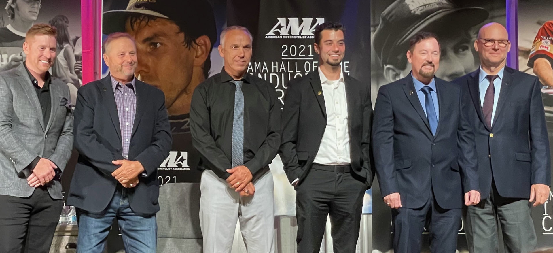 Part of the AMA Motorcycle Hall of Fame Class of 2021: (from left) Ryan Villopoto, Kenny Tolbert, Scott Plessinger, Loretta Lynn's grandson Anthony Brutto, Gary Denton, and Dave Arnold. Photo courtesy AMA Motorcycle Hall of Fame.