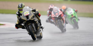 Kyle Ryde (77) leads Christian Iddon (21) and Lee Jackson (14) during wet British Superbike Race One at Donington Park. Photo courtesy MSVR.