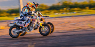 Thomas Harrison (101) and Gage McAllister (1) go wheel-to-wheel during the 2019 AMA Supermoto National Championship series. Photo by Bradley M. Petruchik, courtesy AMA.