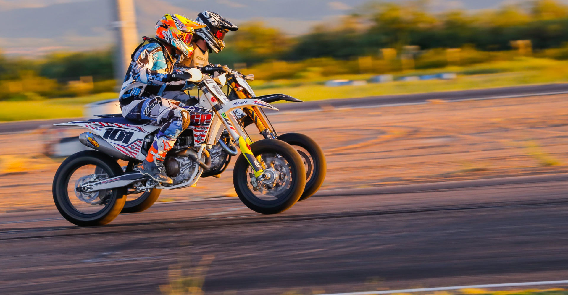 Thomas Harrison (101) and Gage McAllister (1) go wheel-to-wheel during the 2019 AMA Supermoto National Championship series. Photo by Bradley M. Petruchik, courtesy AMA.