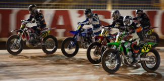 The start of the AFT Singles Main Event at the Charlotte Half-Mile with Dallas Daniels (1) looking for a safe place to be to clinch his second straight title. Photo courtesy Yamaha.