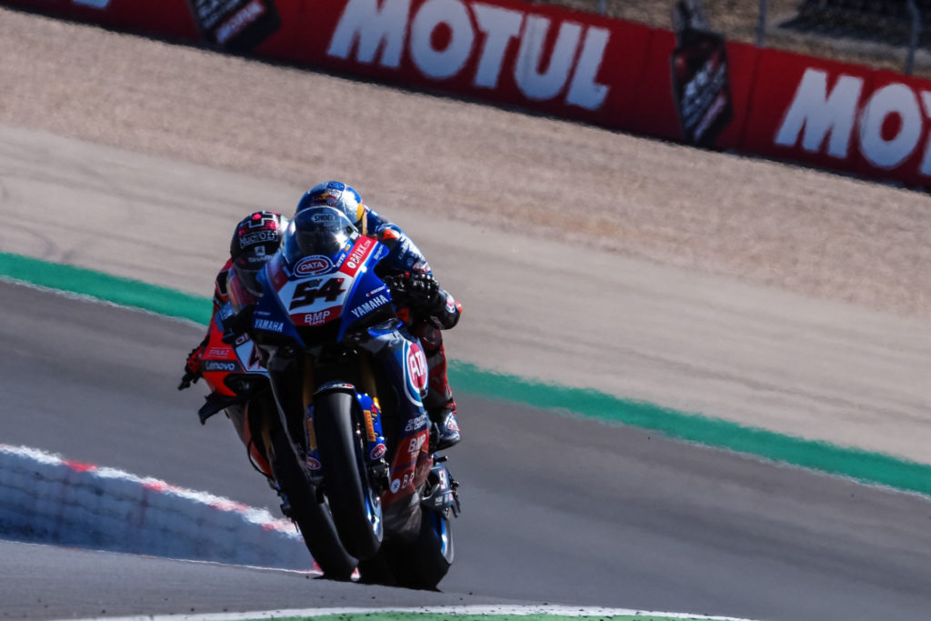 Toprak Razgatlioglu (54) beat Scott Redding (45) to the finish line in Race One at Algarve. Photo courtesy Dorna.