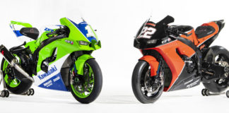 Jonathan Rea's Kawasaki ZX-10RR (1) and Alex Lowes' Superbike (22) in retro-themed liveries used this past weekend in Argentina. Photo courtesy Kawasaki.