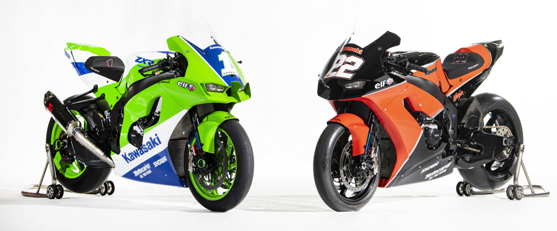 Jonathan Rea's Kawasaki ZX-10RR (1) and Alex Lowes' Superbike (22) in retro-themed liveries used this past weekend in Argentina. Photo courtesy Kawasaki.