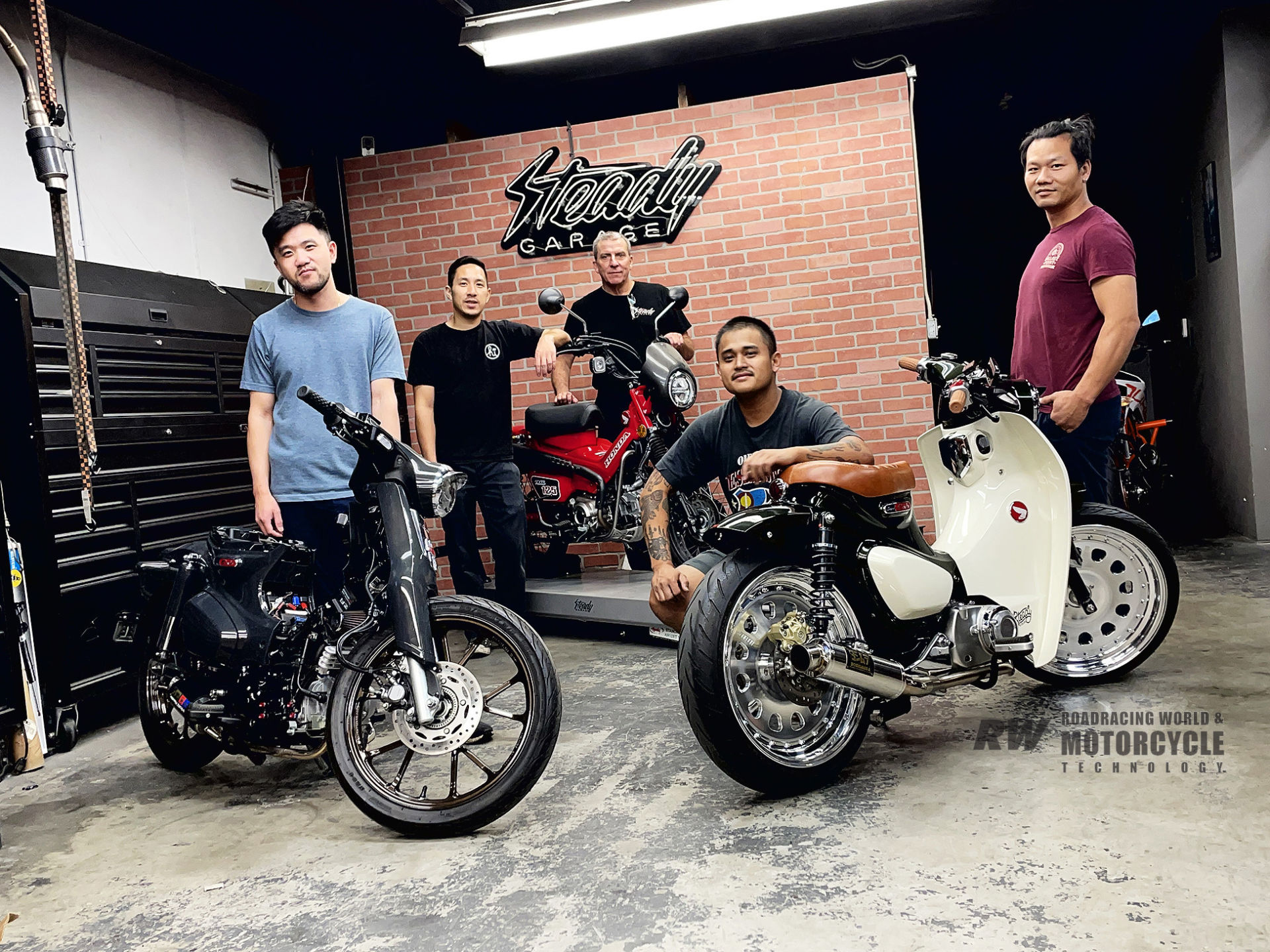 The Steady Garage crew includes (from left) Web/Media Director Duy Nguyen, Technical Director Kevin Dunn, CNC Engineer Brude McKee, Art/Creative Director Francis Clemente, and Mechanical Engineer Jimmy Chen, posing here with some of their project bikes. Photo courtesy Steady Garage.