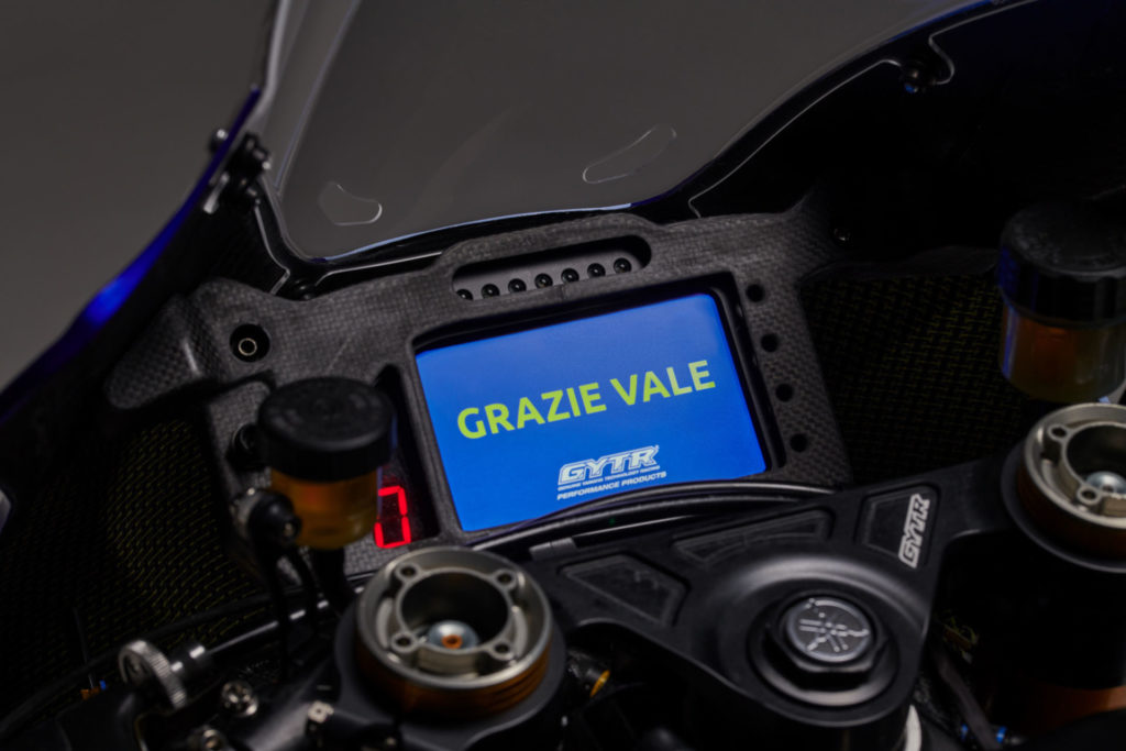 A special message on the dashboard of a Yamaha R1 GYTR VR46 Tribute track day motorcycle. Photo courtesy Yamaha Motor Europe.