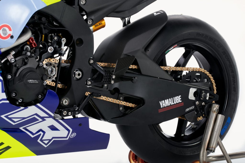 The Yamaha R1 GYTR VR46 Tribute track day motorcycle comes with an underslung swingarm straight from the Yamaha World Superbike program. Photo courtesy Yamaha Motor Europe.